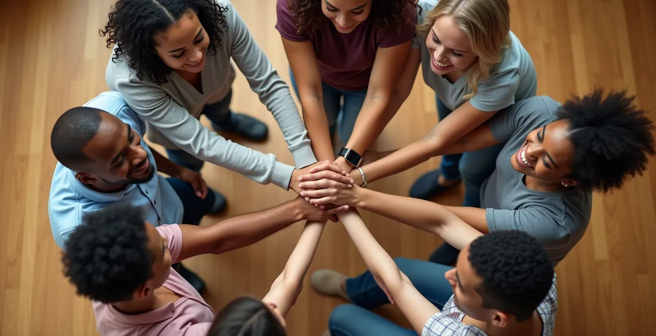 Vue plongeante sur un cercle de personnes diverses se tenant par les mains dans un espace lumineux