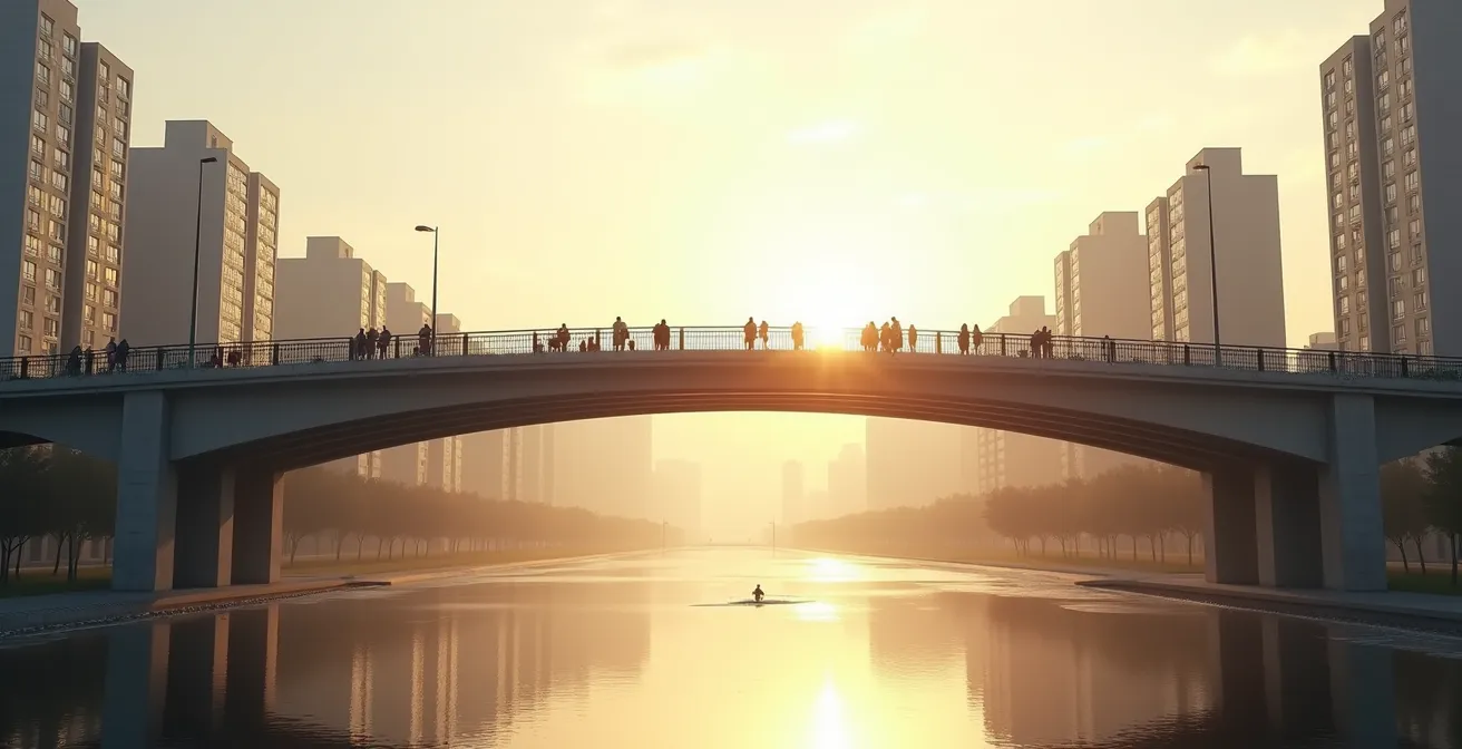 Vue large d'un pont moderne reliant deux espaces urbains distincts sous une lumière dorée du matin