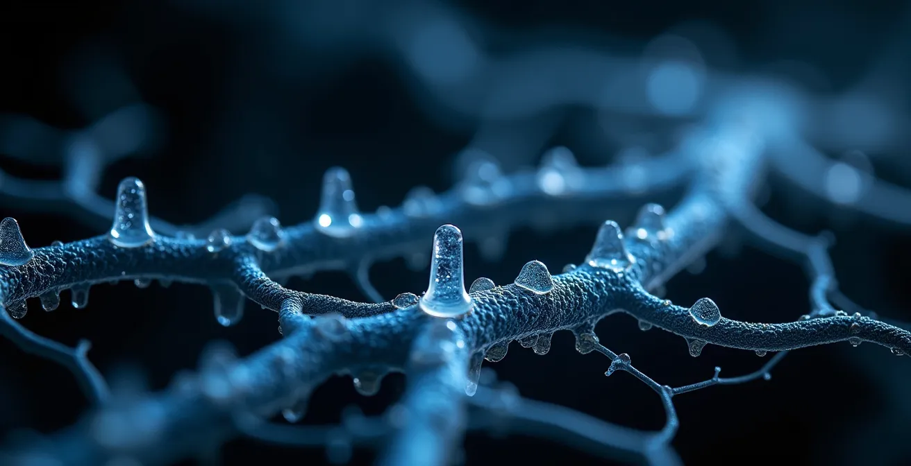 Gros plan macro sur une structure cristalline lumineuse évoquant les connexions neuronales